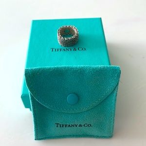 Tiffany & Co vintage Somerset mesh ring 925 silver with pouch and box, size 5.5
